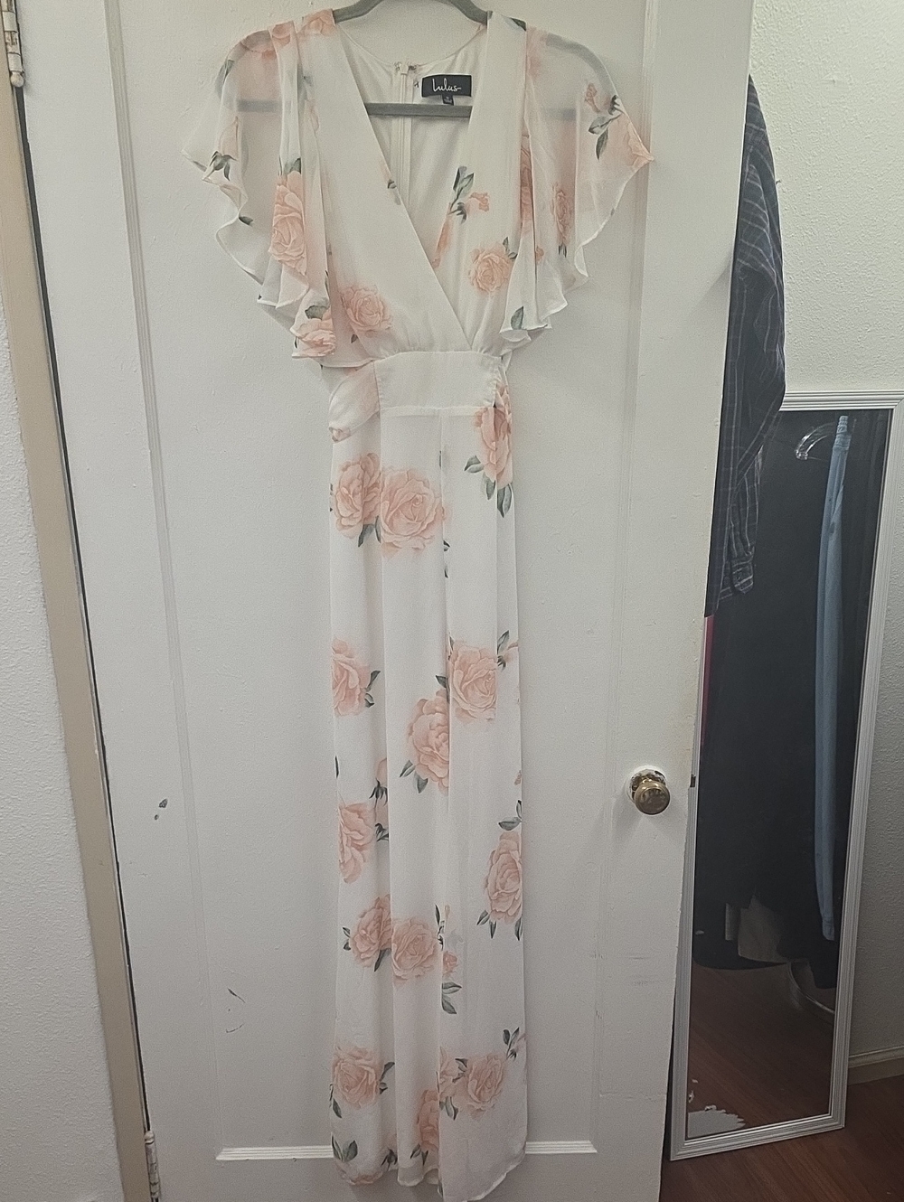 Lulus Floral Wide Leg Jumpsuit S Ivory Pink Rose Flutter Sleeve